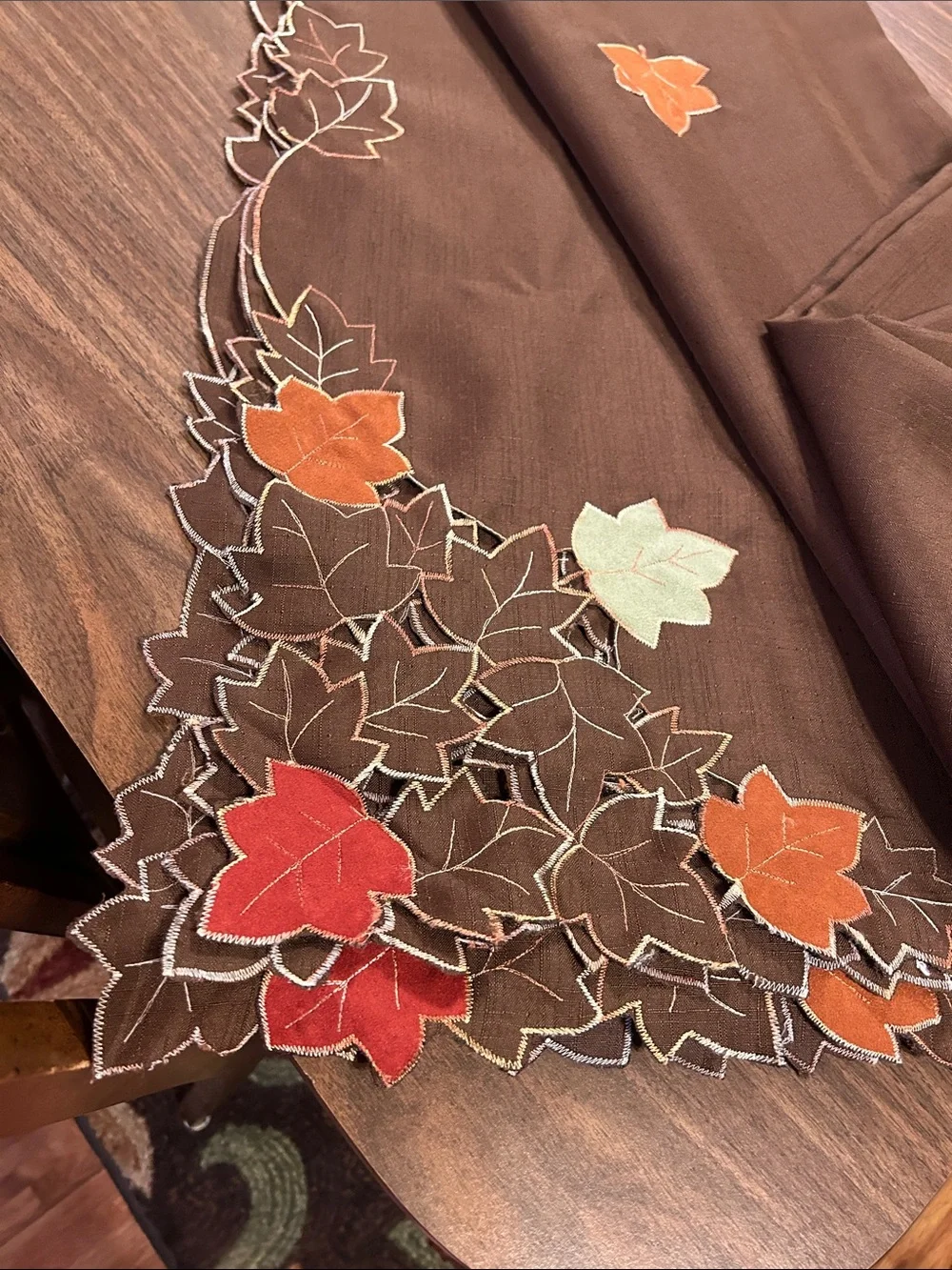 Autumn Leaf Embroidered Brown Table Cloth - Fall Leaf Accents